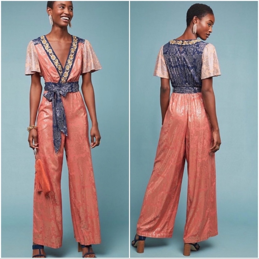 Anthropologie Akemi + Kin Sofia Metallic Floral Jumpsuit US Size 14
